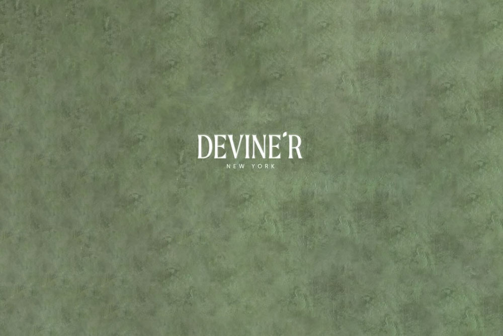 Green textured background with DEVINE'R California logo in the center, featuring stylish serif typography.